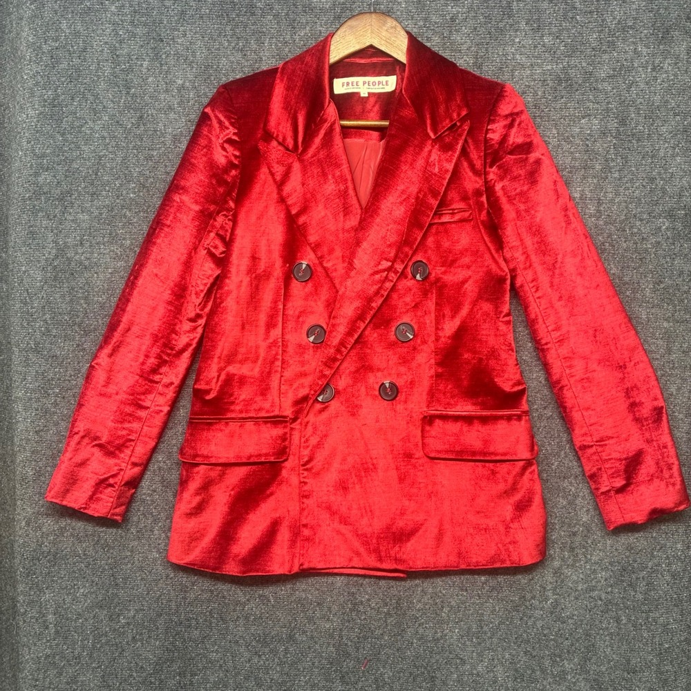 Free People Velvet Ashby Blazer Red Double Breasted Jacket XS chaNotched Lapel